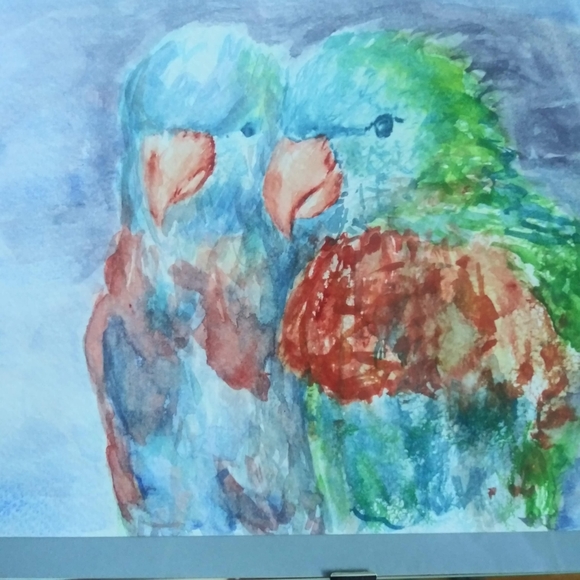 Parrots Original Watercolor Painting Wall Art Love Birds Handmade Artisan - Picture 7 of 10